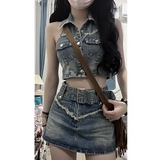 Flyshadow 2024 Summer Sleevelss Denim Skirt Suit Woman Vintage Short Cardigan + Elegant Slim Y2k Mini Skirt Korean Fashion Set Female