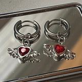 Flyshadow Punk Goth Red Zircon Heart Angel Wings Hoop Earrings For Women Men Hot Girls Fashion Vintage 90s Grunge Jewelry Y2K Accessories