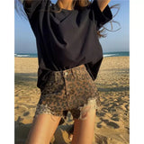 Flyshadow Women's Ripped Leopard Print Shorts Fashion Streetwear High Waist Tassel Mini Cowboy Shorts Jeans 2000s Y2k Summer Clothes 2024