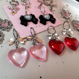 Flyshadow Y2K Vintage Goth Red Pink Crystal Heart Bowknot Cross Earrings Girl Christmas Rave EMO 2000s Aesthetic Scene Jewelry Accessories