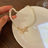 Flyshadow Trend Wedding Party Jewelry Pearl Bow Pendant Choker Necklace For Women Elegant White Imitation Pearl Chain Necklaces X0201