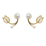 Flyshadow Fashion Flower Stud Earrings for Women Elegant Jewelry Cute Sweet Golden Imitation Pearl Opal Tulip Twist Bend Earrings