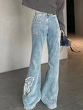 Flyshadow Summer Blue French Vintage Jeans Women Butterfly Embroidery Korean Fashion Flare Pants Female Harajuku Causal Denim Pants