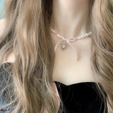 Flyshadow Love Cross Imitation Pearl Pendant Necklace for Women French Romantic Sweet Lolita Clavicle Chain Harajuku Fashion Jewelry