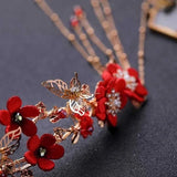 Flyshadow New Red Flower Bridal Barrettes Red Beaded Tassel Hair Clips Back Head Wedding Headdress Earrings Jewelry Set Accessories