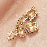 Flyshadow Golden Tulip Flower Women's Brooch Korean Fashion Diamond Imitation Pearl Luxury Banquet Gift Brooch For Femme Fashion Jewelry