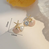 Flyshadow Cute Fashion Artificial Sea Starfish Shell Stud Earrings for Women Small Imitation Pearl Banquet Wedding Jewelry Accessories