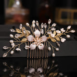 Flyshadow Bridal Wedding Pearl Flower Hairpin Side Comb Golden Leaf Shaped Alloy Tiaras Insert Jewelry Comb Hair Jewelry Bride Headwear