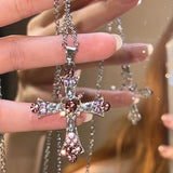 Flyshadow Fashion Y2K Punk Pink Purple Zircon Cross Necklace for Woman Rhinestone Pendant Clavicle Chain Charm Party Jewelry Accessories