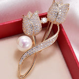 Flyshadow Golden Tulip Flower Women's Brooch Korean Fashion Diamond Imitation Pearl Luxury Banquet Gift Brooch For Femme Fashion Jewelry