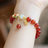 Flyshadow Natural Red Agate Bracelet with Lucky Charm Pendant Beautiful Hetian Jade Crystal Beads Causal Jewelry Luxury Hand Accessories