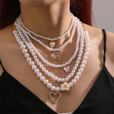 Flyshadow Heart Hollow Women's Necklace Diamond-encrusted Multi-layer Imitation Pearl Luxury Wedding Clavicle Chain For Ladies Accessories