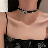 Flyshadow Fashion Black Crystal Rose Necklace Female Fashion Punk Style Rhinestone Flower Short Collarbone Chain Choker Camellia Necklaces