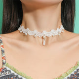 Flyshadow Elegant White Lace Choker Necklace With Imitation Pearls Gothic Pearl Tassel Choker Lolita Necklace Cosplay Party Jewelry Gifts