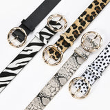 Flyshadow New Women  Leopard Snake Zebra Pattern Snakeskin Cos Skin Cricle Pin Golden Buckle Belts for Dress Jeans Suits