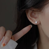 Flyshadow Needle Earrings Moon Rabbit Lovely Rhinestones Stud Earrings Elegent Minimalism Silver color  Fashion Jewelry