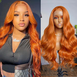 Flyshadow Orange Long Wave Wig Synthetic Lace Front Wigs For Women Heat Resistant Deep Wave Orange Wigs Daily Use Cosplay Natural Hairline