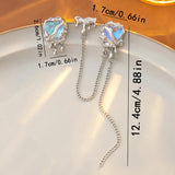 Flyshadow Asymmetric Moonstone Lava Heart with Long Chain Tassel One-piece Ear Studs Clip Earrings for Women Sweet Cool Party Jewelry Gift