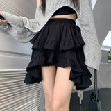 Flyshadow Ruffles Kawaii Women Mini Skirt Japanese Style Irregular Sweet Lace White Patchwork Elegant Casual Black Short Skirt