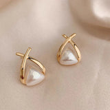 Flyshadow Simple Gold Color Metal Cross Earrings Fashion Triangular Imitation Pearl Earrings For Women Retro Jewelry Classic Earrings