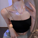 Flyshadow Pink Heart Rhinestone Pearl Choker Necklace For Women Girl Korea Fashion Aesthetic Grunge Y2K Pendant Clavicle Chain Jewelry