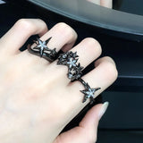 Flyshadow Punk Gothic Metal Zircon Star Black Ring for Women Vintage Irregular Adjustable Rings Grunge Jewelry Accessories