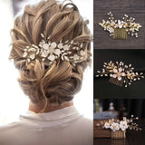 Flyshadow Bridal Wedding Pearl Flower Hairpin Side Comb Golden Leaf Shaped Alloy Tiaras Insert Jewelry Comb Hair Jewelry Bride Headwear