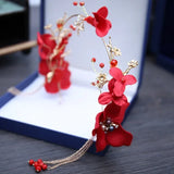 Flyshadow Fashion Red Flower Head Decor Bridal Tiaras Headband Headpiece Wedding Crowns Earring Jewelry Accessories for Women Gifts