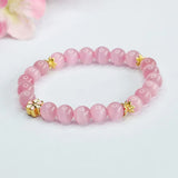 Flyshadow Charming Pink Crystal Bracelet for Womne Peach Blossom Cat Eye Stone Beads Tennis Bracelet Fashion Jewelry Sweet Girls Accessory