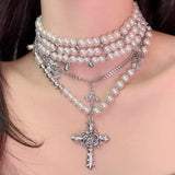 Flyshadow Y2K Accessories Pearl Cross Necklaces Multi Layer Choker Set Charms Necklace for Women Korean Fashion Necklace Punk Goth Jewelry