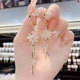 Flyshadow New Trendy Zircon Flower Long Tassel Earrings for Women's Earrings Accessories Luxury Fashion Girls Personality Jewelry Gift