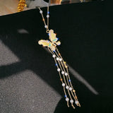 Flyshadow New Trendy Zircon Pearl Long Tassel Earrings Butterfly Pendant Collar Necklace Rings for Women Summer Travel Jewelry