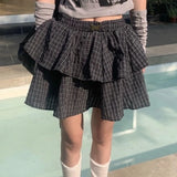 Flyshadow Ruffle Plaid Mini Skirt Women Kawaii Preppy Style Short Skirts Layered Sweet Cute Korean Fashion Casual Street Skirt