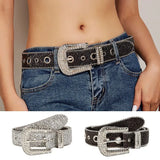 Flyshadow Gothic Black Silver Metal Buckle Rhinestone Belt Body Four Seasons Y2K Style Womens Jeans Belt