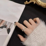 Flyshadow Women Fashion Gifts Light Luxury Niche Design Micro Inlay Zircon Plain Ring Opening Ring Double Layered Pearl Index Finger Ring