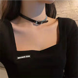 Flyshadow Kpop Black Leather Choker Stainless Steel Cuban Clavicle Chain Collar For Women New Goth Ladies Jewelry Wholesale