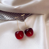 Flyshadow Cute Red Cherry Drop Earrings for Women Party Temperament Jewelry Delicate Golden Color Metal Acrylic Fruit Dangle Earrings