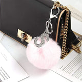 Flyshadow Fashion Metal Rhinestone Letter Keychains With Pink Pom Pom Faux Rabbit Fur Ball For Women Handbag Decoration