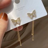 Flyshadow Butterfly Crystal Long Tassel Dangling Earrings For Women Korean Fashion Dainty Gold Plated Drop Earrings Jewelry Accessories