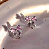 Flyshadow Y2K Bowknot Zircon Stud Earrings for Women Fashion Korean Silver Color Pink Crystal Personality Earring Girl Party Jewelry Gifts