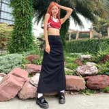 Flyshadow Vintage Cargo Skirt Women Ruffle Y2k Fashion Slit Skirts Streetwear Casual Solid Summer Long Skirt Aesthetics A-line