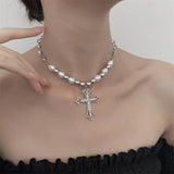 Flyshadow Neo-Gothic Bling Cross Pendant Necklaces For Women Girl Vintage Minimalist Pearl Necklace Clavicle Chain Punk Clavicle Choker
