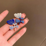 Flyshadow White Blue Painting Leaf Flower Earrings for Women New Chic Jewelry Personality Asymmetric New Needle Korean Style