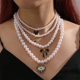 Flyshadow Heart Hollow Women's Necklace Diamond-encrusted Multi-layer Imitation Pearl Luxury Wedding Clavicle Chain For Ladies Accessories