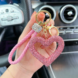 Flyshadow Creative Hollow out Ceramic Clay Full Diamond Love Key Chain Leather Rope Sticking Water Diamond Car Key Pendant Simple