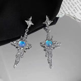 Flyshadow Fashion Moonstone  Drop Earrings Metal Cross Earrings Young Girl Trend Metal Cross Moonstone Drops Earrings Jewelry Wholesale