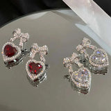 Flyshadow Bow-knot Studded with Diamonds Shiny Women's Earrings Luxury Wedding Party Red Love-shaped Earrings For Women Fashion Jewelry