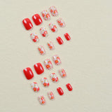 Flyshadow 24Pcs Short Fake Nails Red Press on Nails with Colorful Flowers Design Fashion False Nail Tip Manicure Wearable Detachable