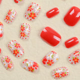 Flyshadow 24Pcs Short Fake Nails Red Press on Nails with Colorful Flowers Design Fashion False Nail Tip Manicure Wearable Detachable