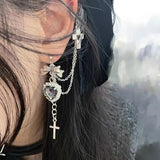 Flyshadow Dark Punk Vintage Metal Chain Cross Love Earrings Women Personalized Hip Hop One Piece Ear Bone Clips Party Jewelry Gift